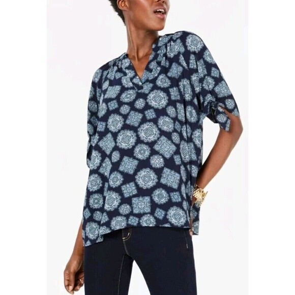 Michael Kors Top Womens Navy Printed Short Sleeve V Neck Blouse Size S 100 - Picture 1 of 7